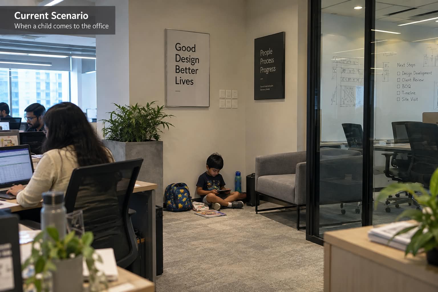 The same office corner shown before the transformation, mid-transformation, and back to everyday use