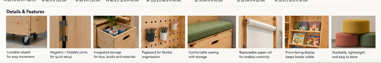Close-up details of Goppoguro Corner components — wheels, joints, storage and finishes