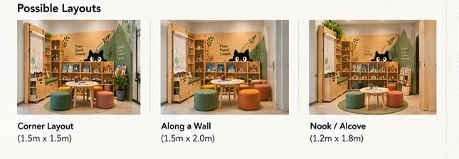 Three possible layout configurations — corner, along a wall, and nook or alcove