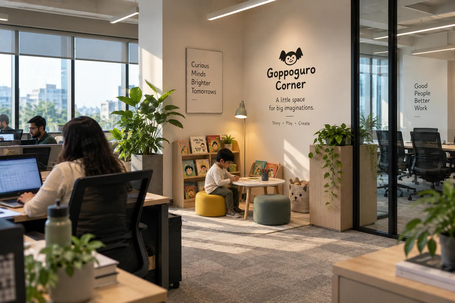 A regular office corner becomes a space for reading, play and creativity in minutes